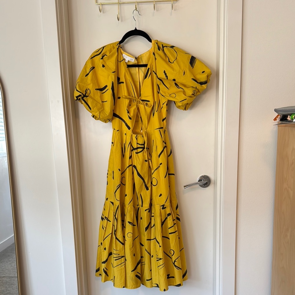 Corey Lynn Calter Yellow Puff Sleeve Wrap Midi Dress